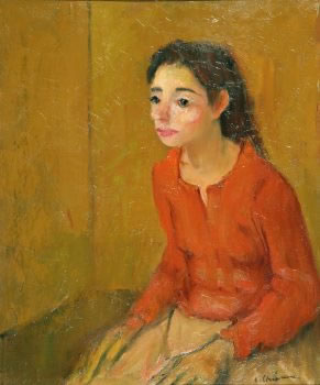 figura con corpetto rosso, anni ’60, olio su tela, cm 60x50, Napoli collezione privata